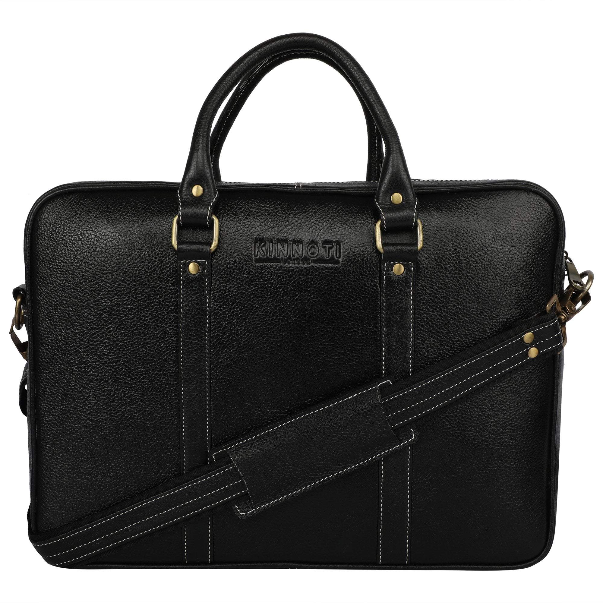 KINNOTI LAPTOP BAGS Fine Black Unisex Genuine Leather Laptop Bag