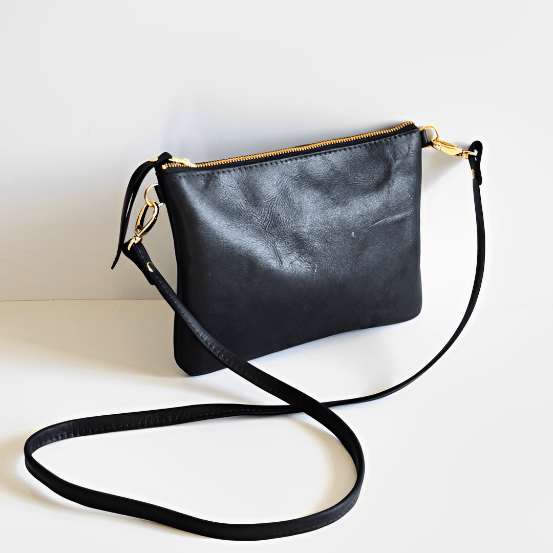 Kinnoti's Black Black Genuine Leather Sling Bag For Women With Adjustable Brass Chain & Shoulder Pad