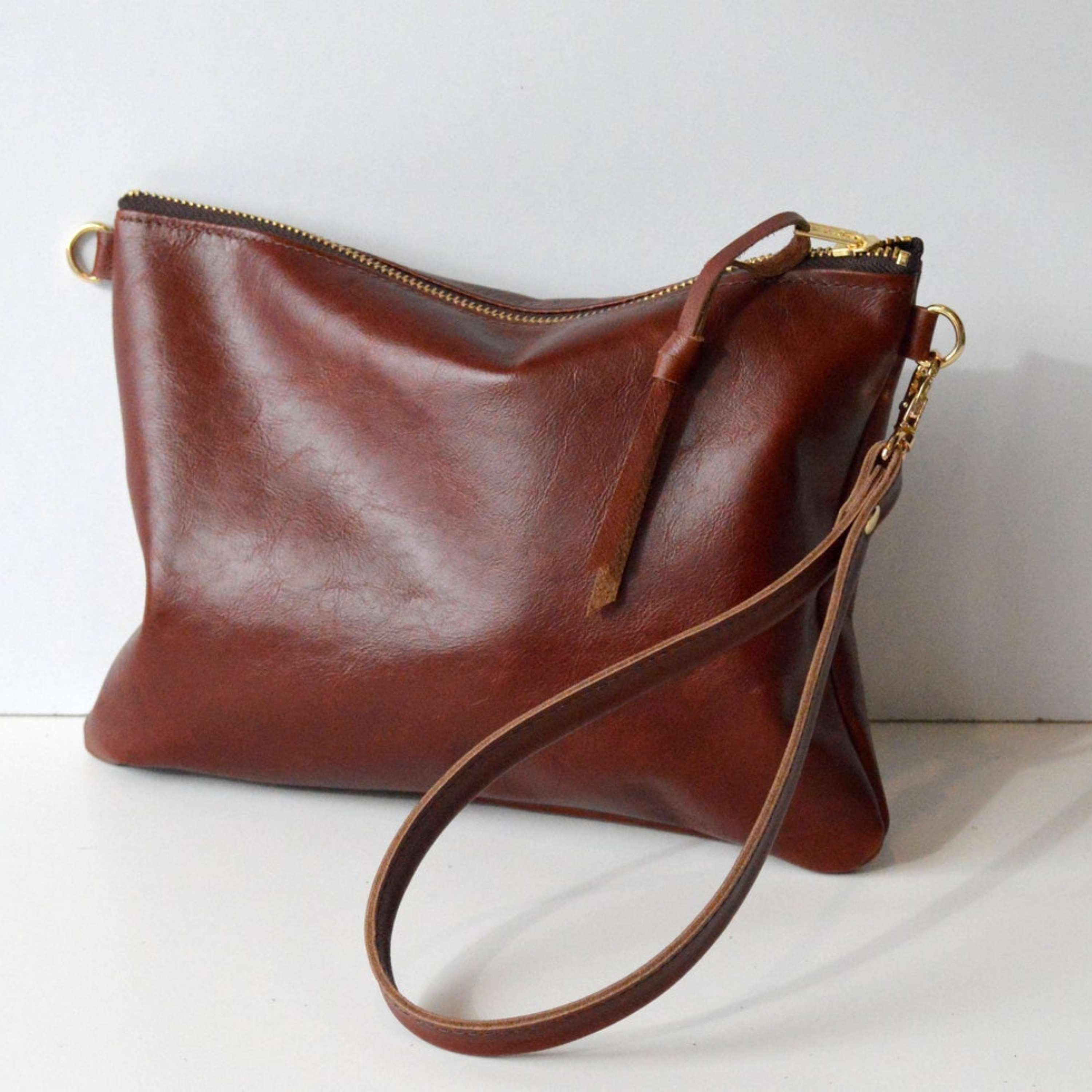 Kinnoti's Cognac Brown Black Genuine Leather Sling Bag For Women With Adjustable Brass Chain & Shoulder Pad