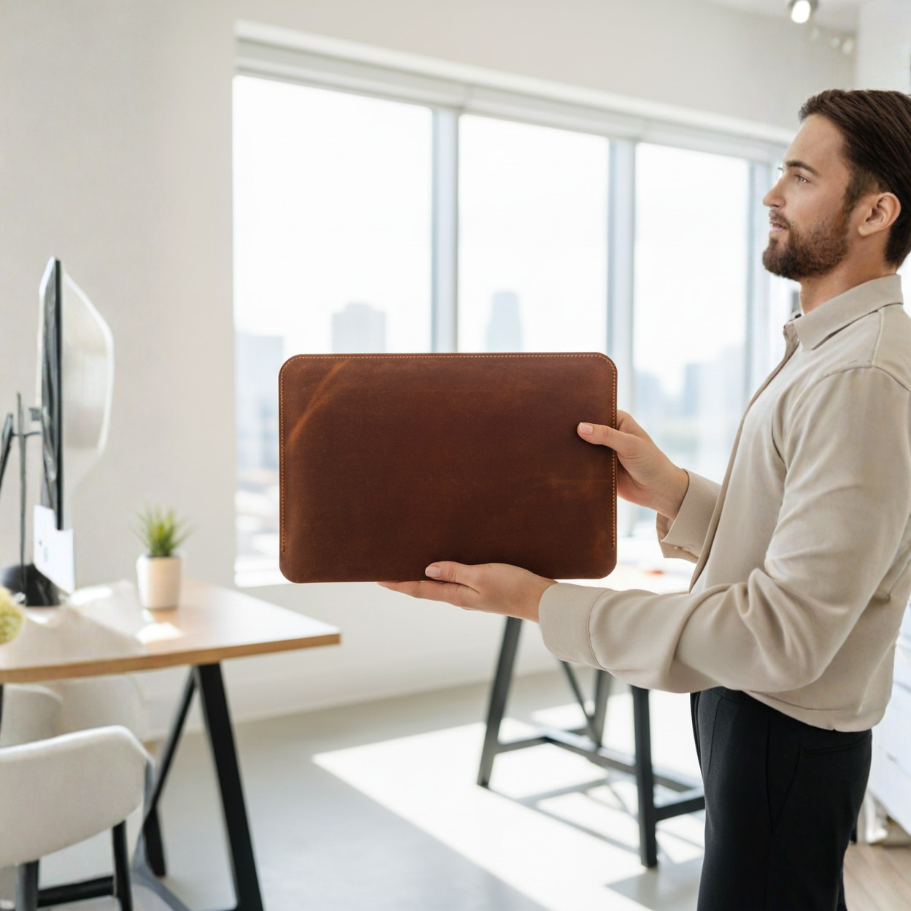 Kinnoti Tan Boston Leather Laptop Sleeve