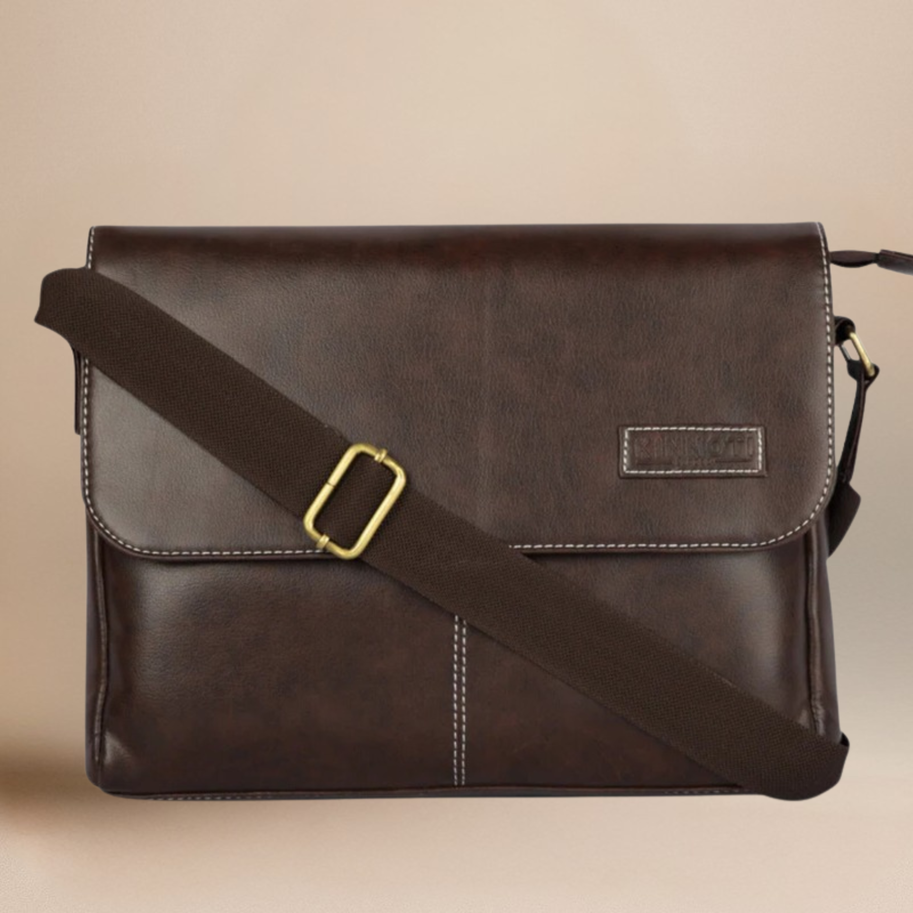 kinnoti Vegan Messenger Bag Brown Brown Men's Vegan Leather Slim Messenger Bag with Adjustable Shoulder Strap