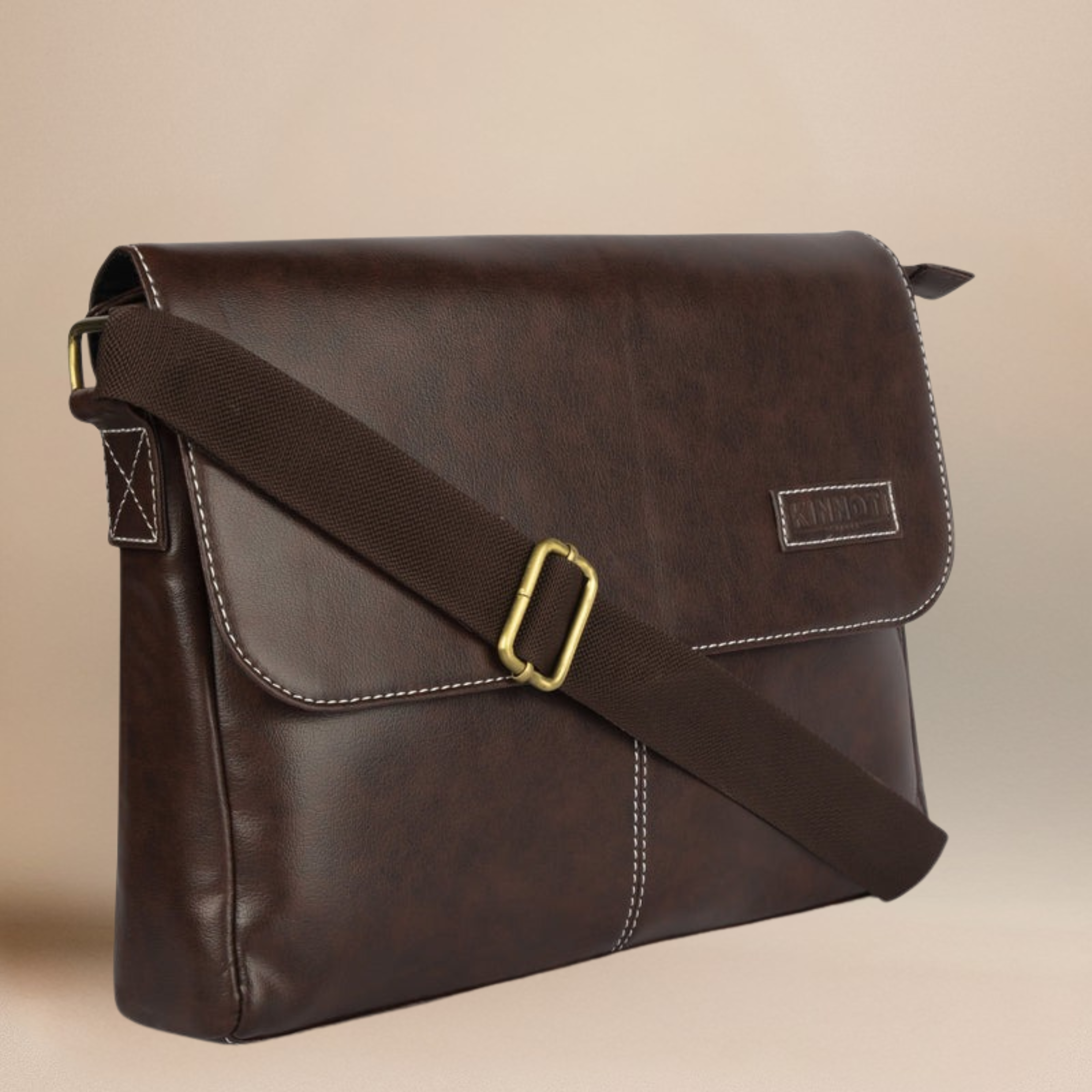 kinnoti Vegan Messenger Bag Brown Brown Men's Vegan Leather Slim Messenger Bag with Adjustable Shoulder Strap
