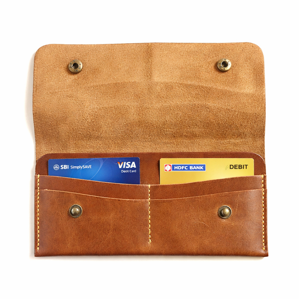 Brown leather wallet with cards inside on a white background