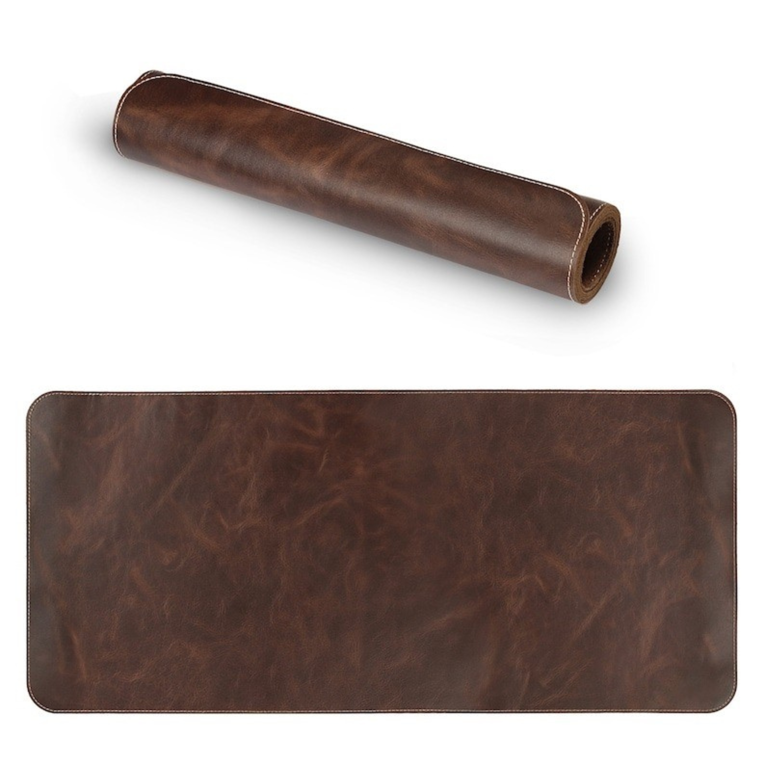 Brown leather desk mat and roll on a white background