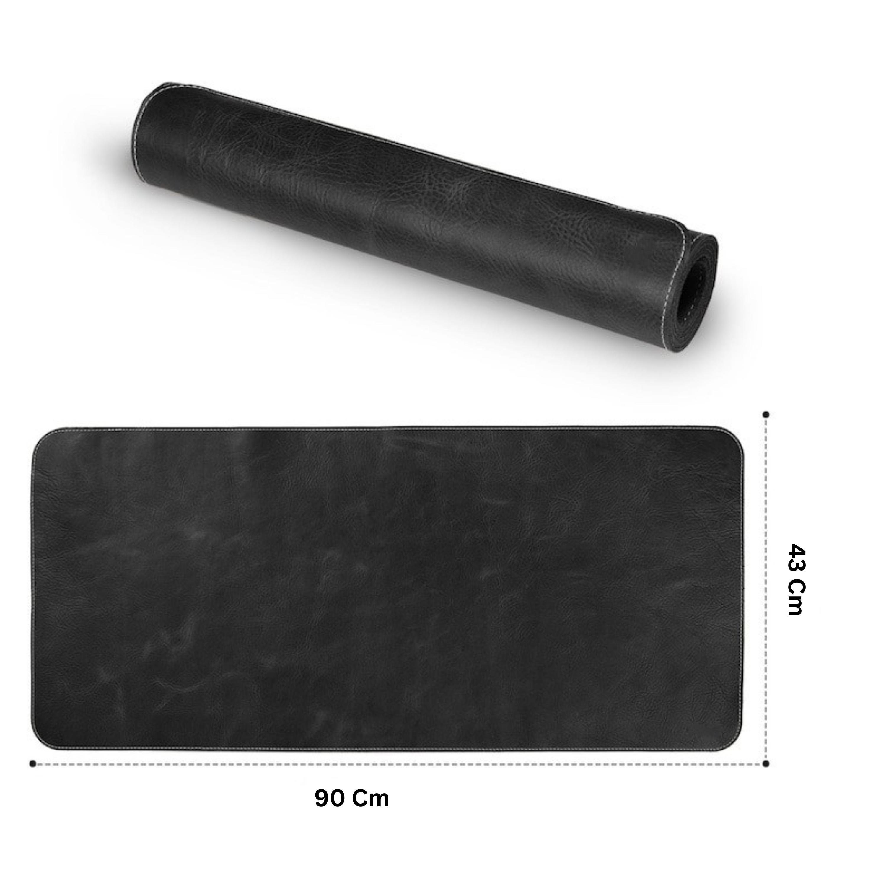 Black leather desk mat with dimensions on a white background