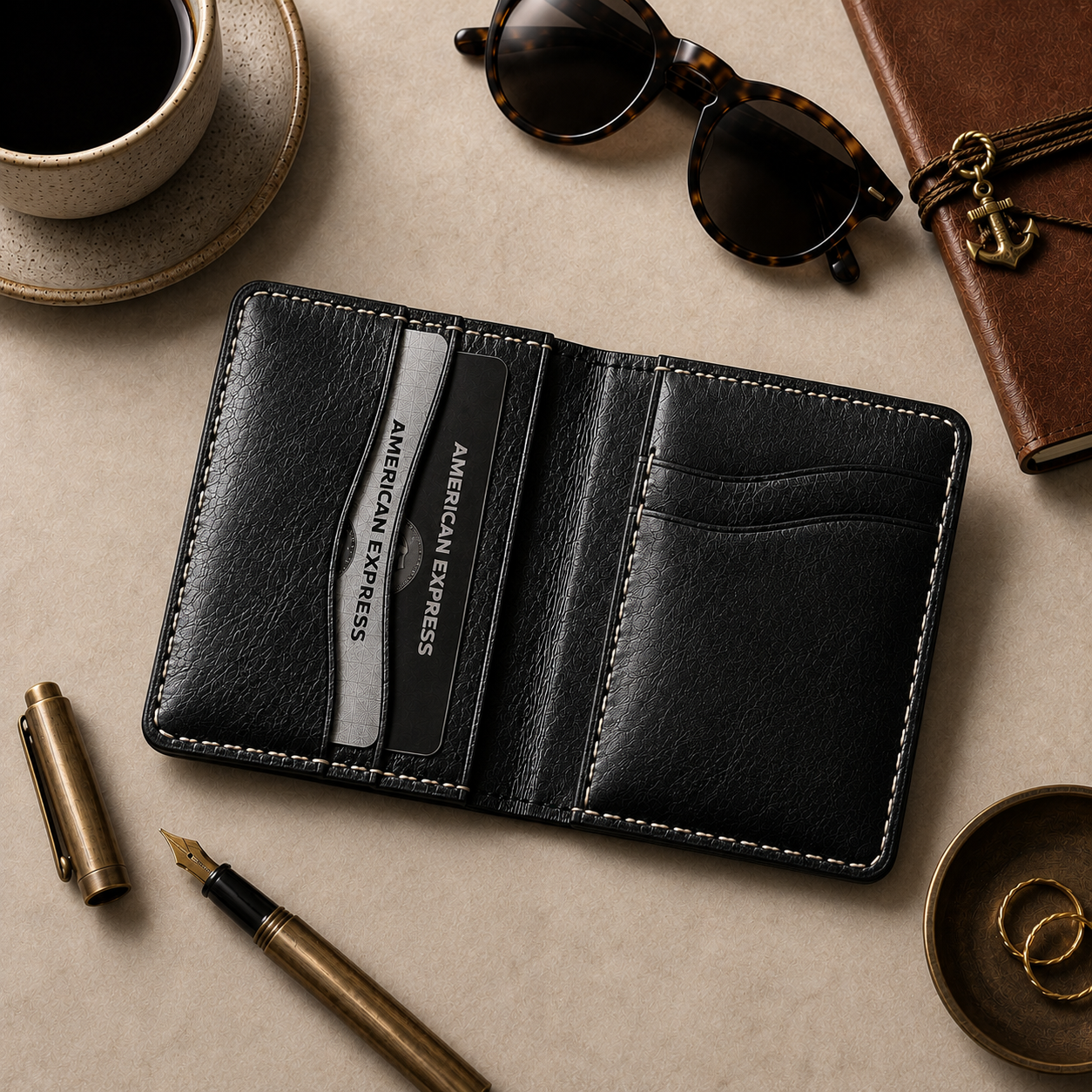 A black leather card holder wallet with multiple slots, shown open on a beige desk surface surrounded by lifestyle props including sunglasses, a coffee cup, a pen, and a notebook.