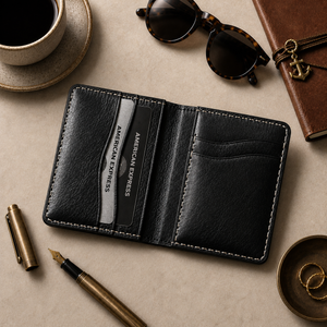 A black leather card holder wallet with multiple slots, shown open on a beige desk surface surrounded by lifestyle props including sunglasses, a coffee cup, a pen, and a notebook.