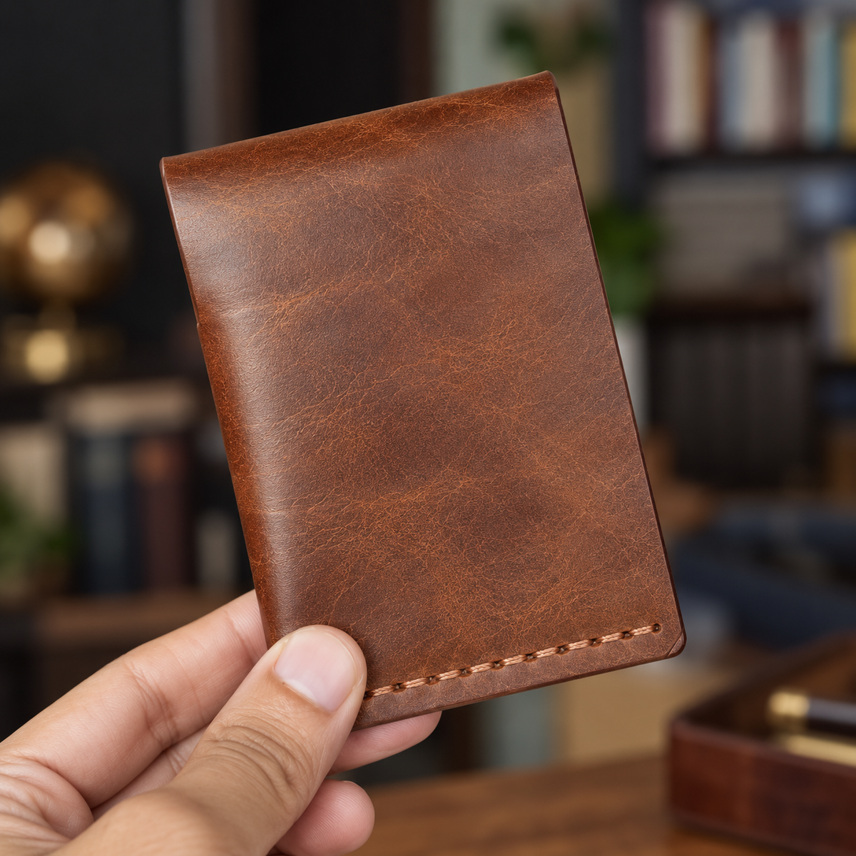 A hand holding a slim, brown leather card holder or wallet with visible stitching along the bottom edge, set against a softly blurred indoor background.