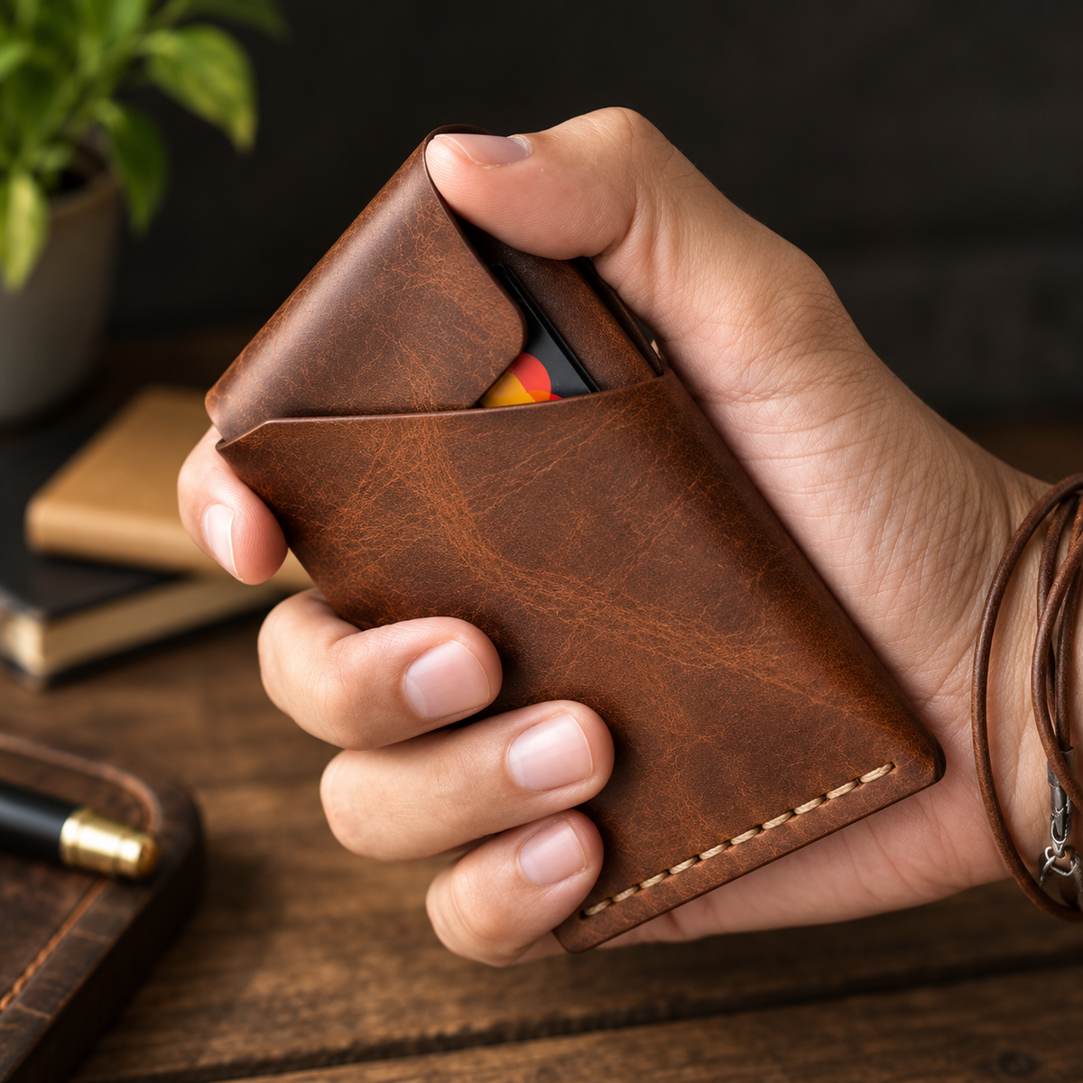 A hand holding a slim brown leather card holder wallet with card slots, shown close-up on a wooden desk with blurred background props.